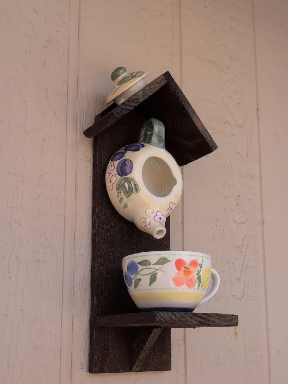 Rustic Wooden Handmade Teapot Bird Feeder Fruit And Flowers